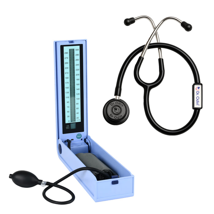 Blood pressure monitor and stethoscope with 'Dr. Odin' branding on a white background