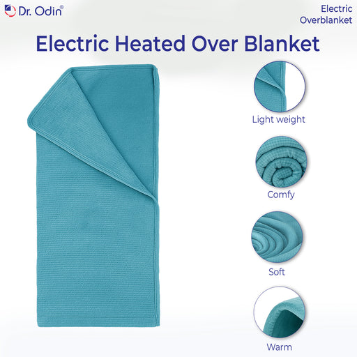 Teal electric heated overblanket with features on a white background