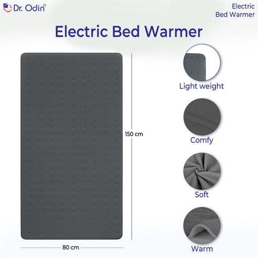 Electric bed warmer with dimensions and features on a white background