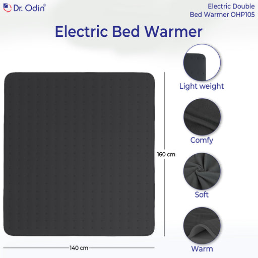 Black electric bed warmer with features listed on a white background