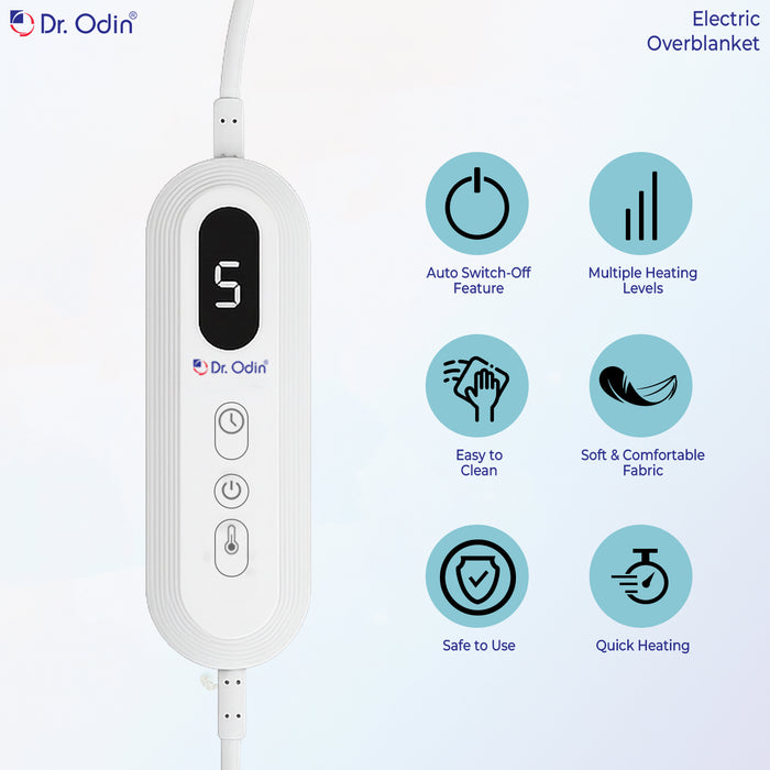 Dr. Odin electric overblanket control panel with features listed on a white background