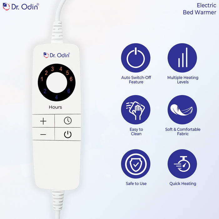 Dr. Odin electric bed warmer with control panel and features listed on a white background