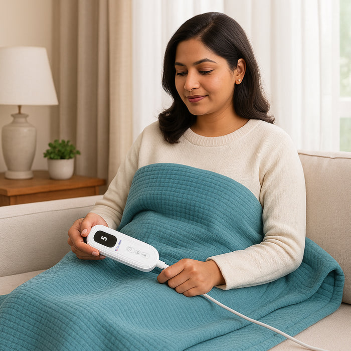 Woman using a heating pad on a couch in a cozy living room.