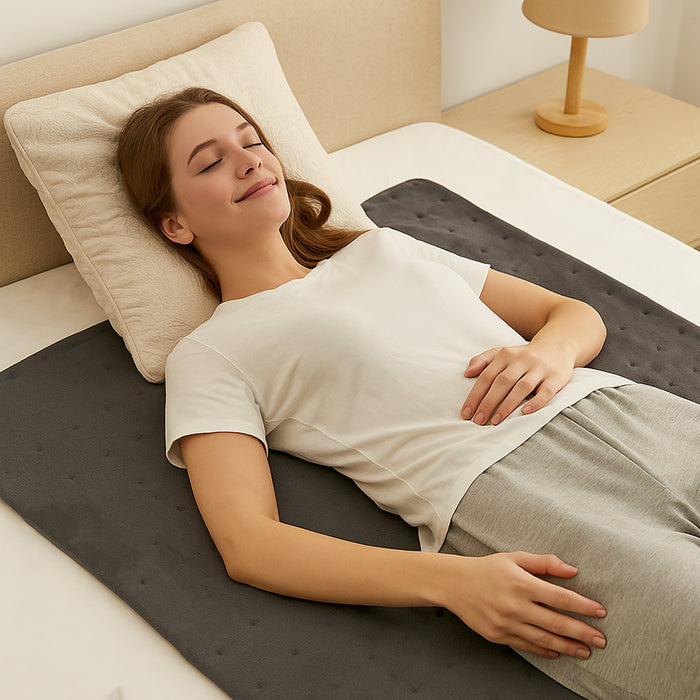 Woman lying on a gray mattress pad in a bedroom setting
