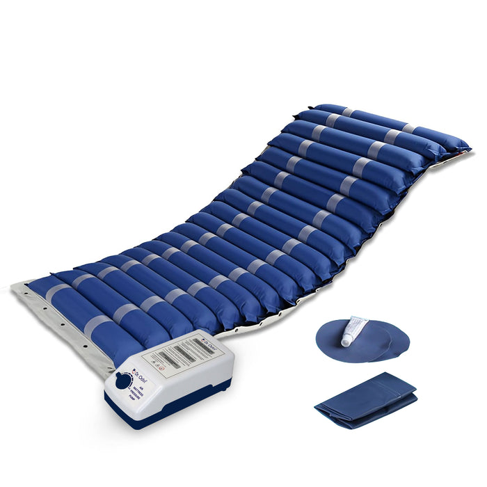 Blue inflatable mattress with control panel on a white background