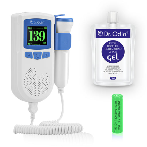 Fetal doppler ultrasound device with gel pack on a white background