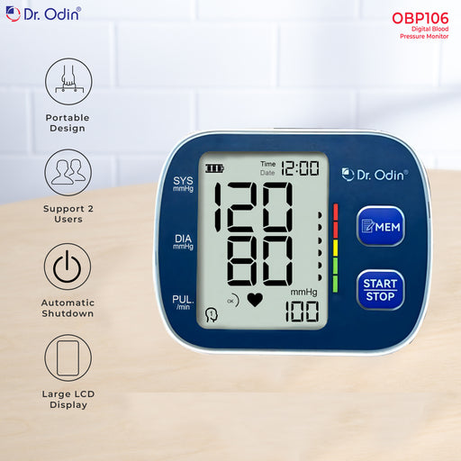 Digital blood pressure monitor with Dr. Odin branding on a light background