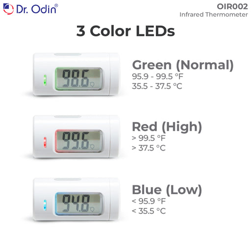 Dr. Odin infrared thermometer with color LED indicators on a white background