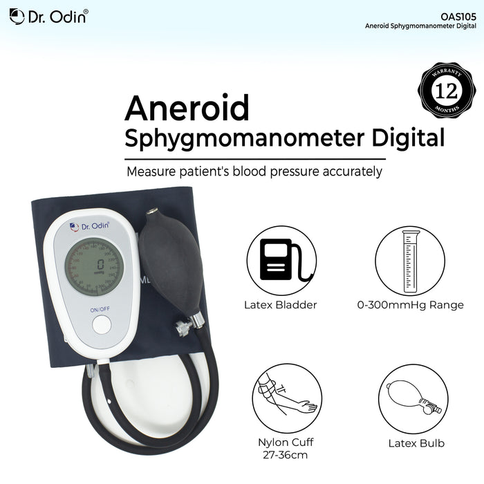 Dr. Odin Aneroid Sphygmomanometer Digital blood pressure monitor with features listed on a light blue background.