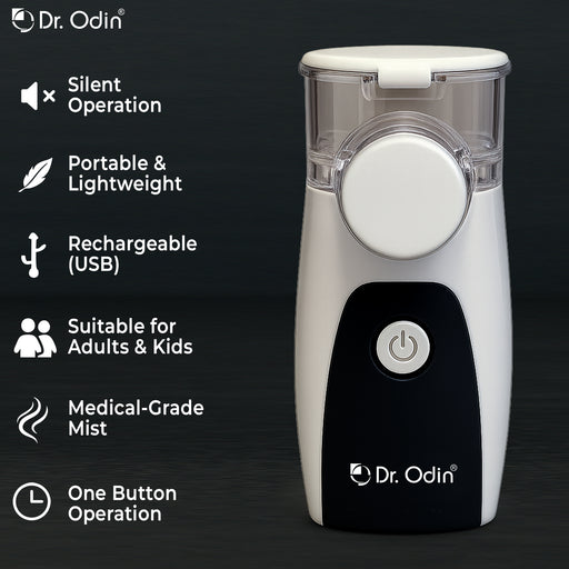 Dr. Odin inhaler with features listed on a dark background
