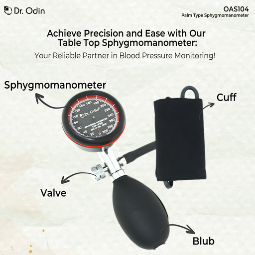Table top sphygmomanometer with labeled parts on a light background