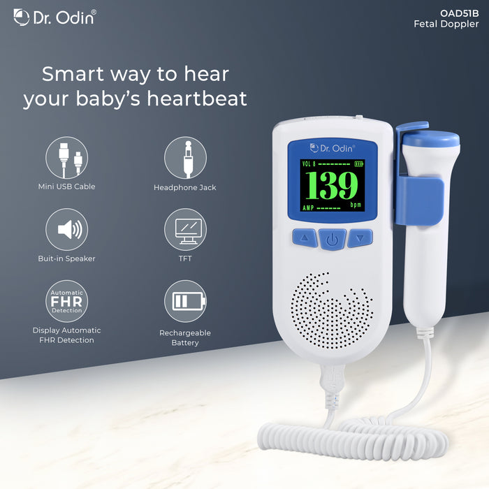 Dr. Odin fetal doppler with features listed on a dark background