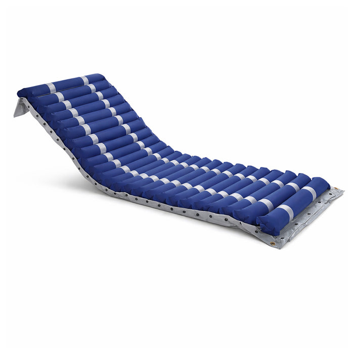 Blue and white foam roller on a white background