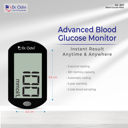 Dr. Odin blood glucose monitor with features listed on a gray background