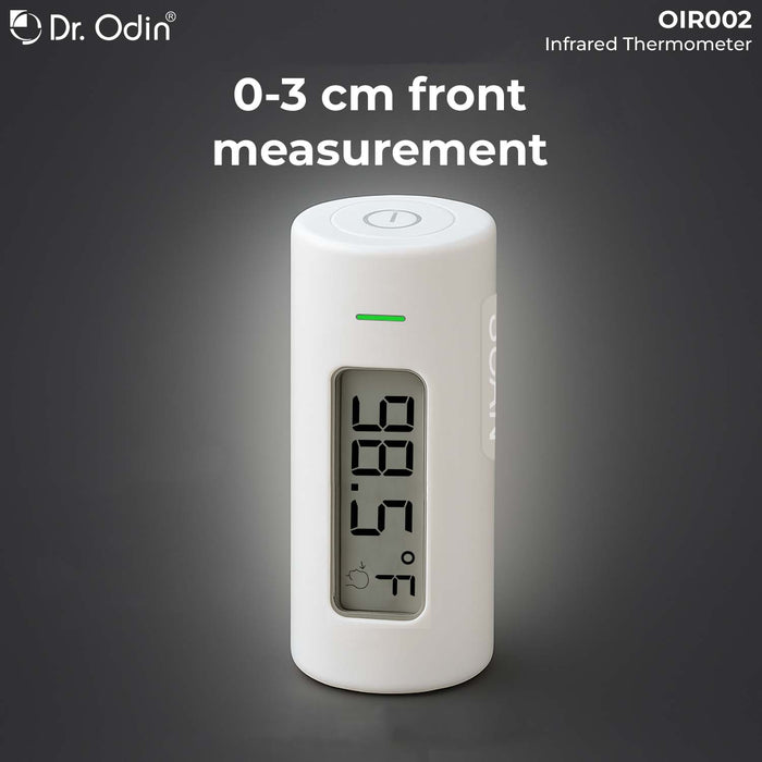 White infrared thermometer with digital display on a dark background, branded as Dr. Odin.