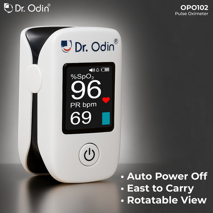 Dr. Odin pulse oximeter with display showing oxygen saturation and heart rate on a dark background