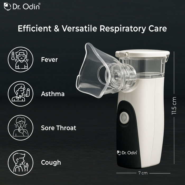 Dr. Odin respiratory care device with features for fever, asthma, sore throat, and cough on a black background.