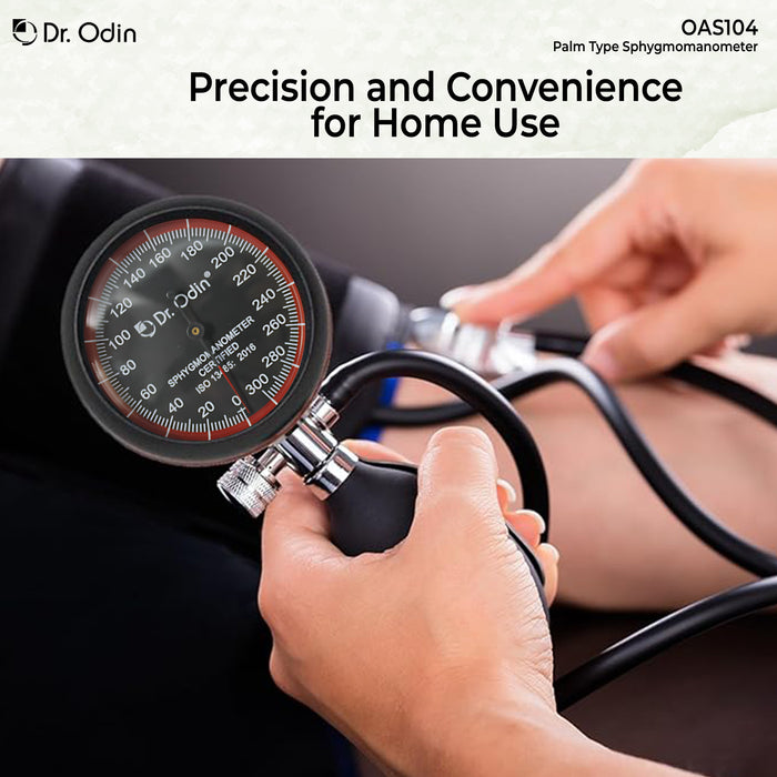 Dr. Odin blood pressure monitor being used on a person's arm with text 'Precision and Convenience for Home Use'.