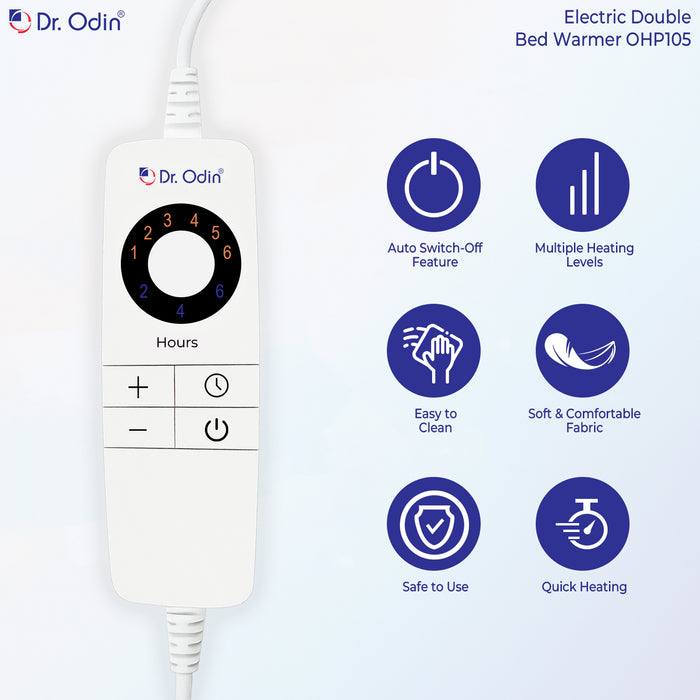 Dr. Odin electric double bed warmer control panel with features listed on a white background