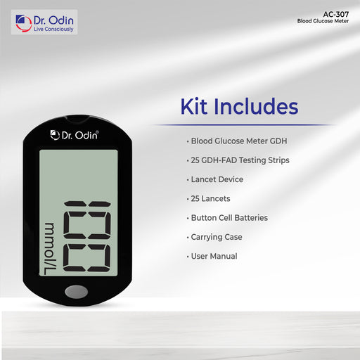 Dr. Odin blood glucose meter kit with digital display on a gray background