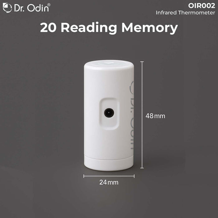 White infrared thermometer with dimensions on a dark background, branded as Dr. Odin.