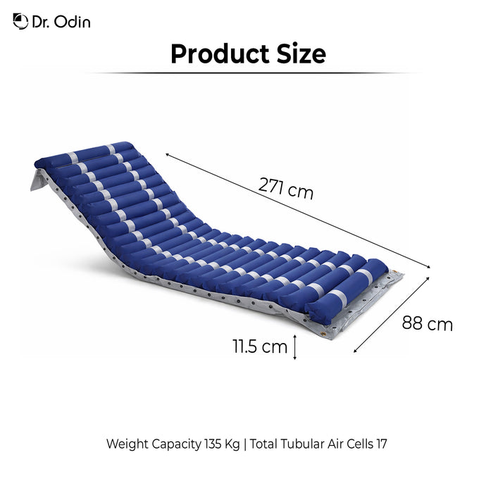 Measurement chart of a blue and white air mattress with dimensions and specifications.