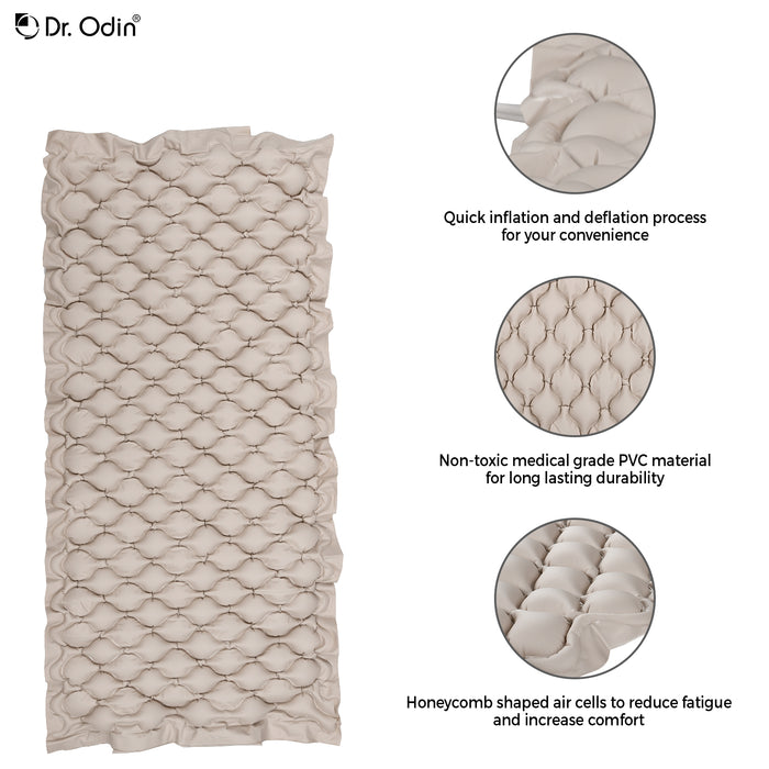 Inflatable mat with Dr. Odin branding, showing features like quick inflation, non-toxic material, and honeycomb design.