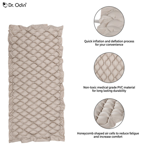 Dr. Odin inflatable mat with honeycomb design, quick inflation/deflation text, and non-toxic material details.