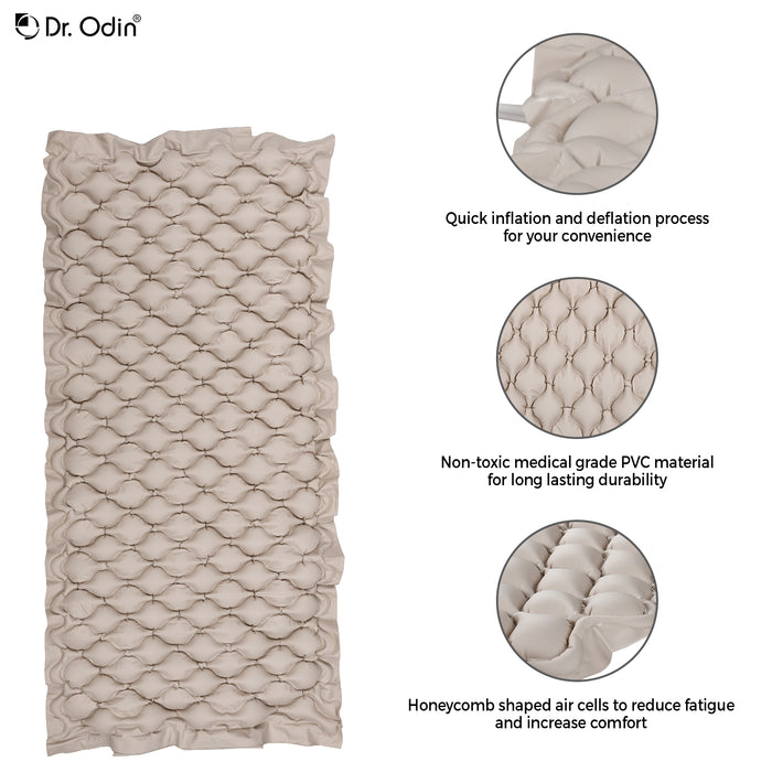 Dr. Odin inflatable mat with honeycomb design, quick inflation/deflation text, and non-toxic material details.