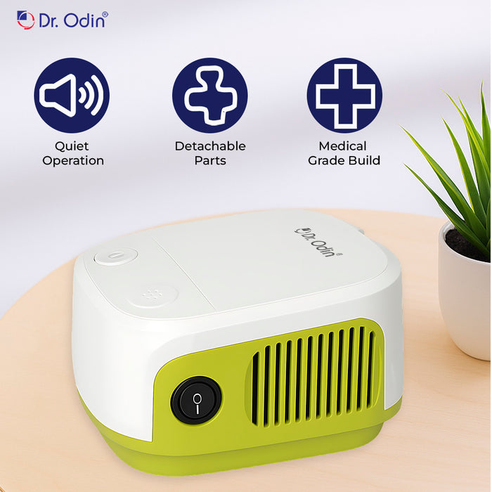 Dr. Odin device with features like quiet operation, detachable parts, and medical grade build on a light background.