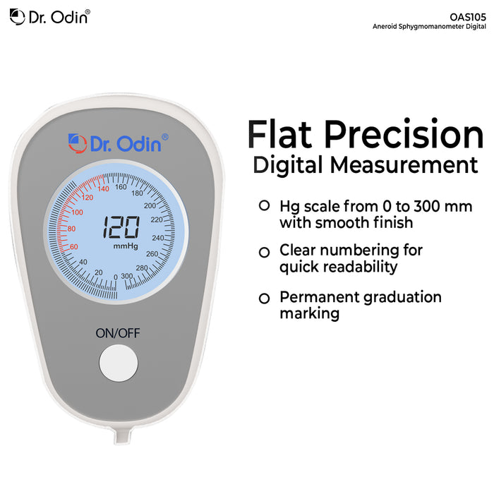 Dr. Odin digital blood pressure monitor with specifications on a white background