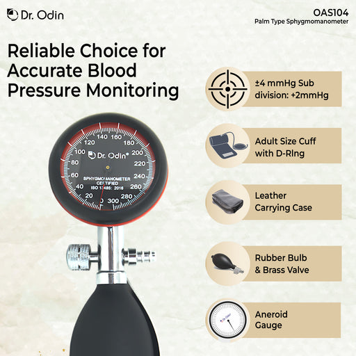 Dr. Odin OAS104 palm type sphygmomanometer with features listed on a beige background