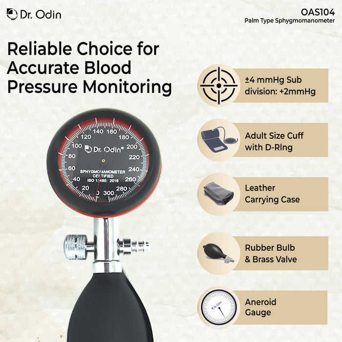 Dr. Odin OAS104 palm type sphygmomanometer with features listed on a beige background
