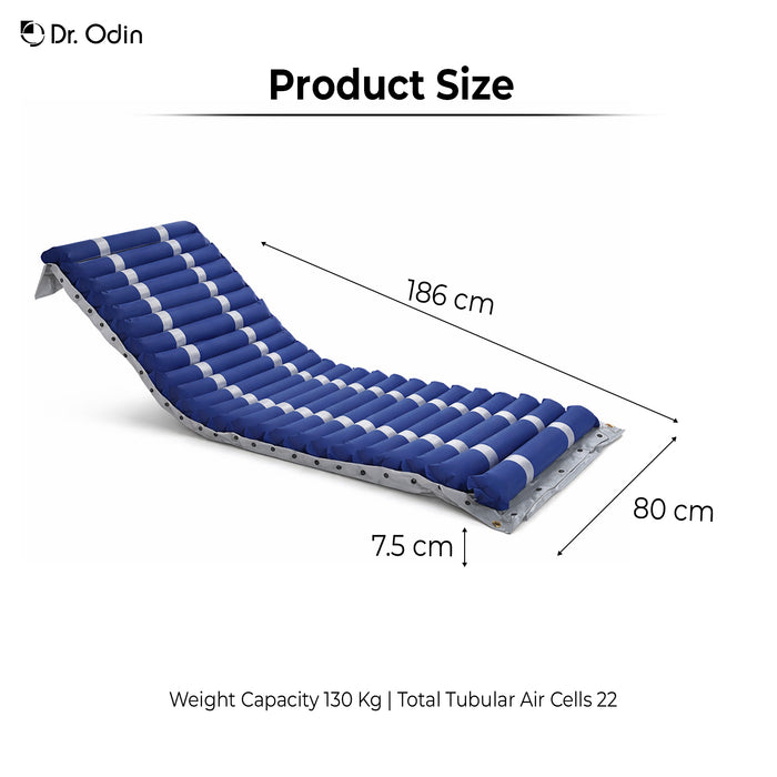 Measurement chart of a blue and white air mattress with dimensions and specifications.