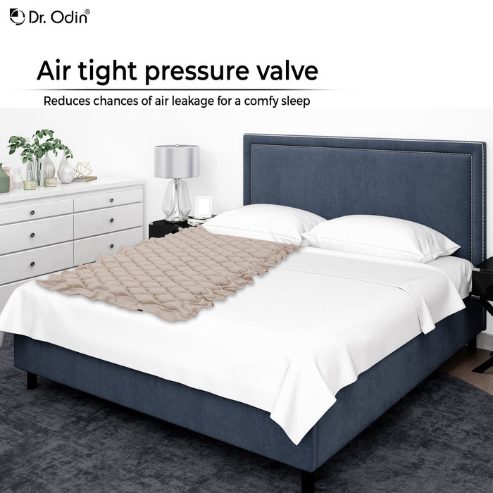 Bed with Dr. Odin air tight pressure valve feature, showing a cozy bedroom setting.