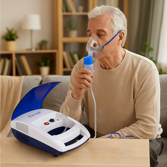 Man using an inhaler with a nebulizer device in a home setting