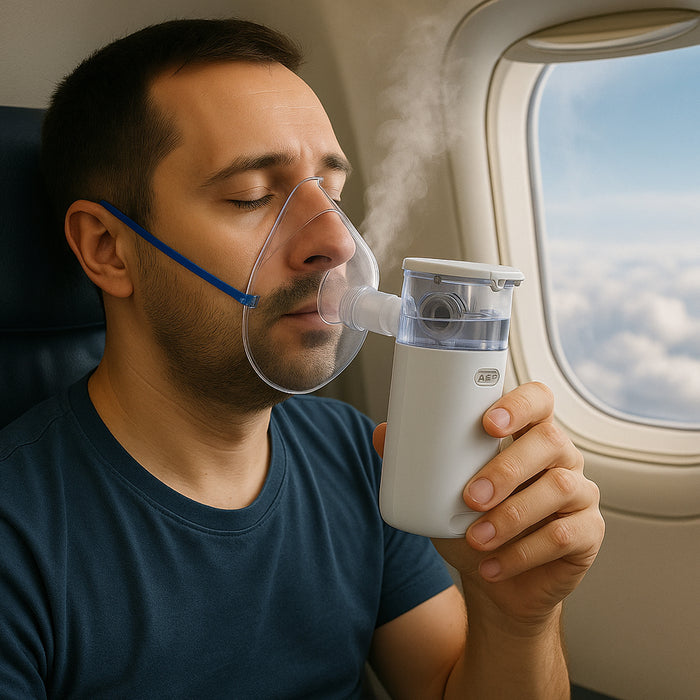 Man using an inhaler mask on an airplane with a window view.