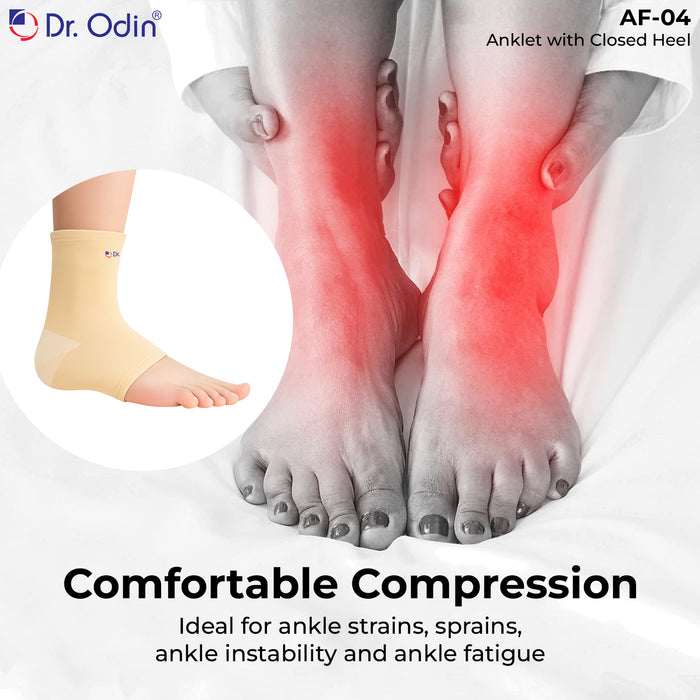 Compression ankle sleeve with red highlighted area on feet, Dr. Odin brand visible