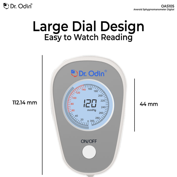 Dr. Odin blood pressure monitor with large dial design on a white background