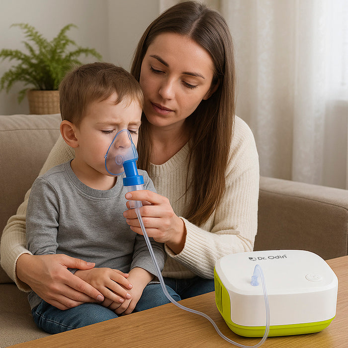 Woman holding a child using an inhaler with a Dr. Olof device on a table.