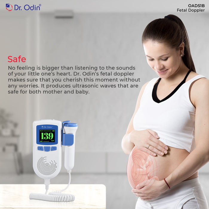 Pregnant woman using a Dr. Odin fetal doppler with text about its safety.