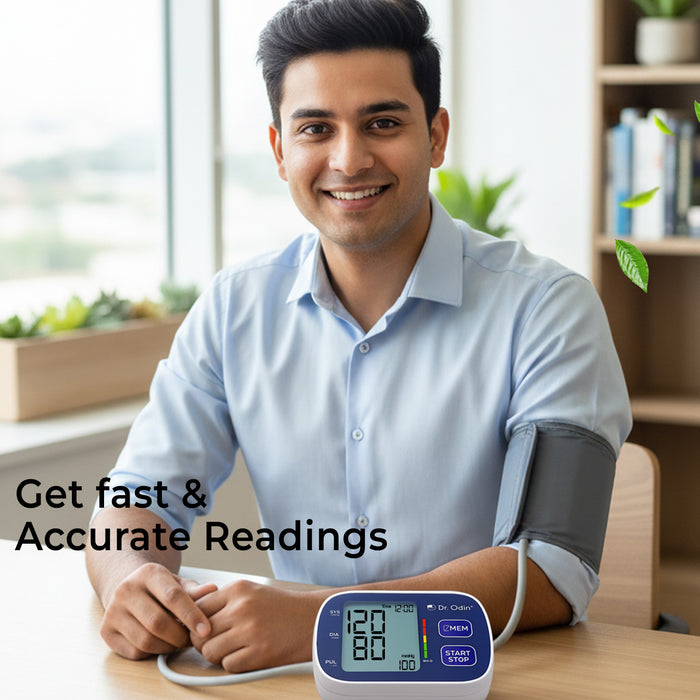 Man using a blood pressure monitor with text 'Get fast & Accurate Readings' in a home setting.