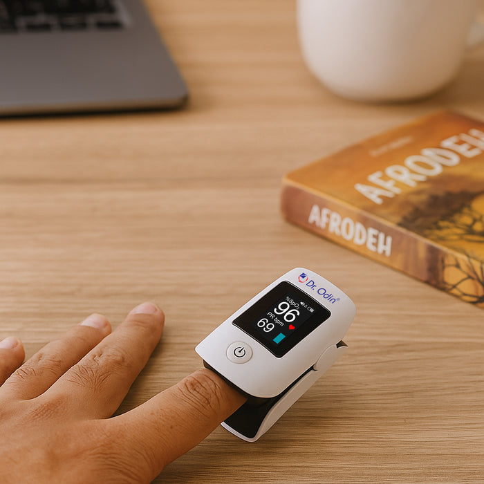 Finger pulse oximeter on a finger with a laptop and book in the background