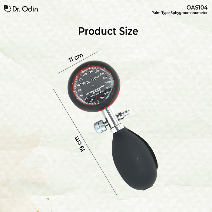 Palm-type sphygmomanometer with measurement details on a light background