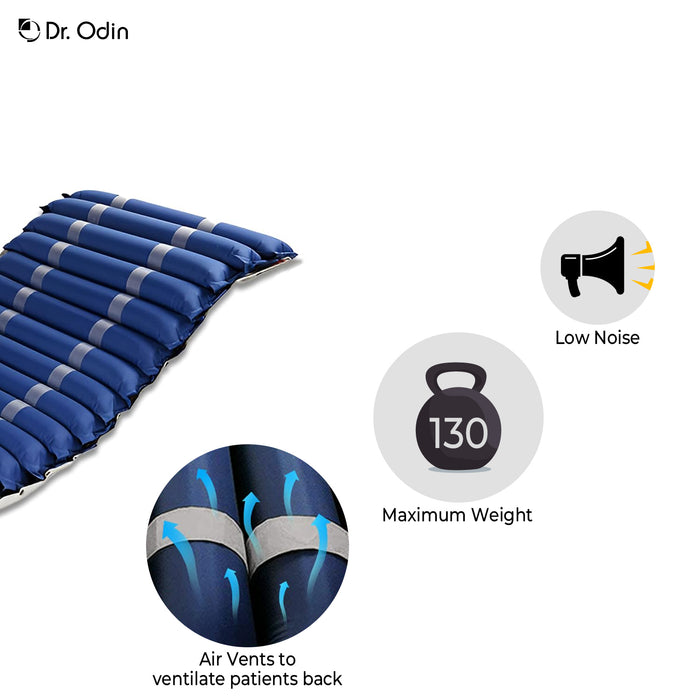 Inflatable medical device with Dr. Odin branding, showing features like low noise, maximum weight capacity, and air vents.