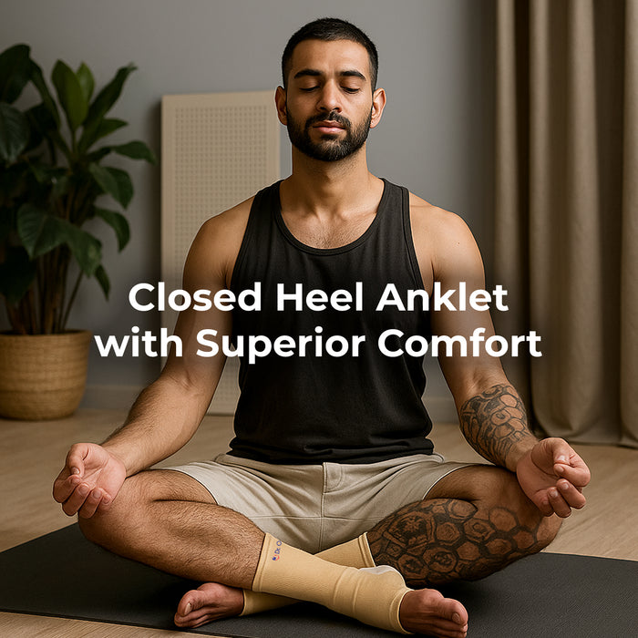 Man sitting on a yoga mat with a closed heel anklet, text overlay about comfort.