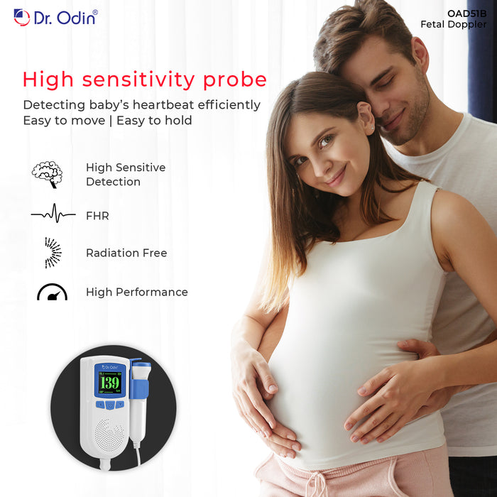 Pregnant woman with a man, promoting Dr. Odin fetal doppler with text about high sensitivity probe.