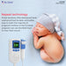 Fetal doppler with baby sleeping on a light blue background