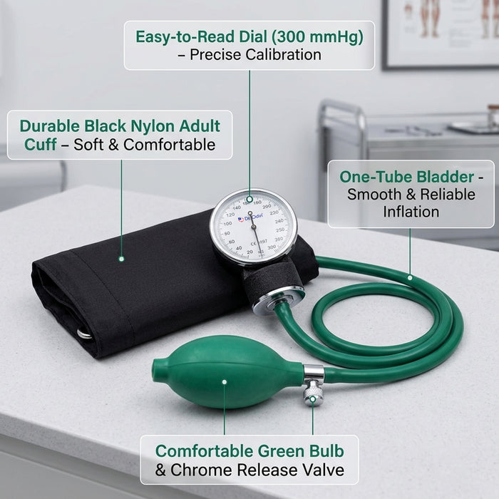 A blood pressure monitor set on a light gray tabletop, featuring a black cuff, green tubing, a green bulb, and a dial gauge. Text callouts highlight product features such as easy-to-read dial, durable black nylon cuff, one-tube bladder, and comfortable green bulb with chrome release valve.