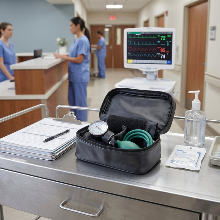 A black zippered medical kit pouch sits open on a stainless steel hospital cart, containing a blood pressure gauge, green cuff, and black tubing. The background shows a blurred hospital hallway with nurses, a reception desk, and a vital signs monitor.